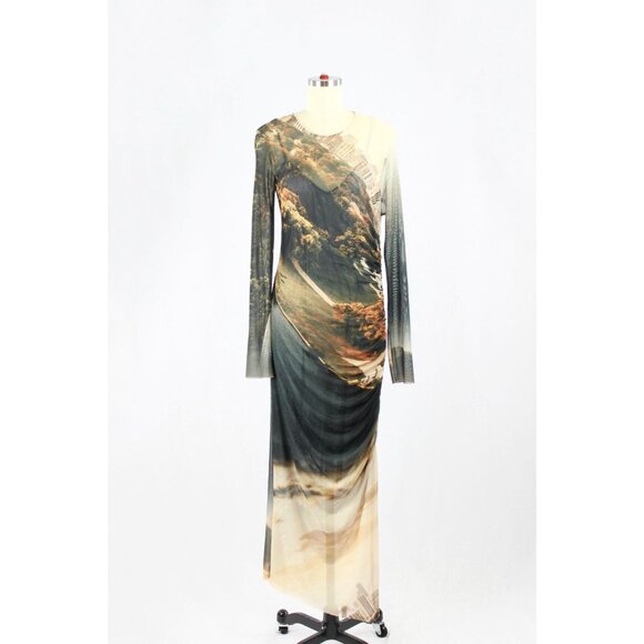 ZARA Grey Beige Landscape Print Mesh Long Sleeve Ruched Maxi Dress, Size M - Picture 1 of 16